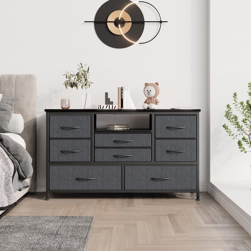 8-Drawer Fabric TV Stand with LED Lights & Built-in Power Outlets - Grey