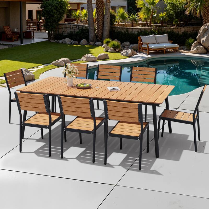 9-Piece Outdoor Patio Dining Set Wood-Like Table Top Alumium Umbrella Hole Table with Stackable Armless Chairs - Brown