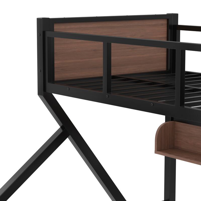 Twin XL over Queen Metal Bunk Bed with Storage Shelves and LED Lights, Space-saving Design, Black