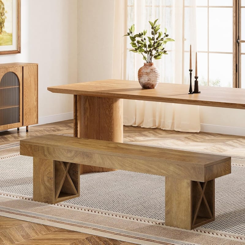 55-Inch Extra Long Dining Bench, Farmhouse Wooden Entryway Bench, Indoor End of Bed Stool for Dining Room, Bedroom, Hallway