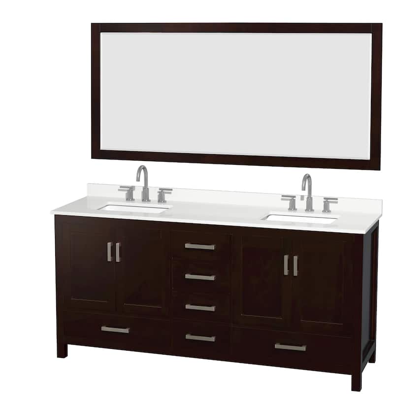 Sheffield 72-inch Double Vanity, 3 Hole Quartz Top, 70-inch Mirror - Espresso, Chrome Trim, White Quartz Top