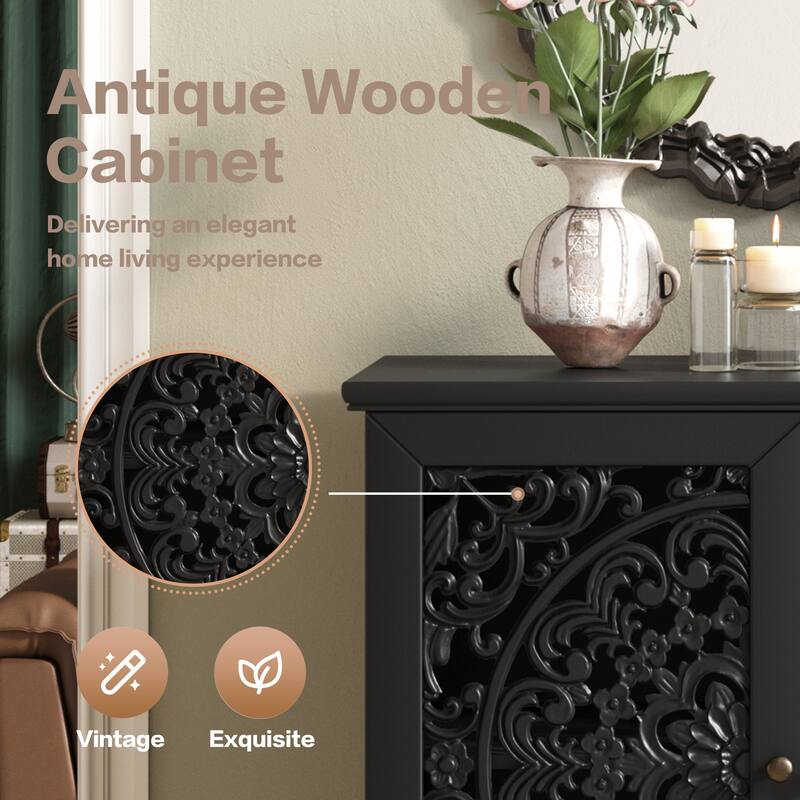 Roomfitters 2-Door Hollow-Carved Accent Cabinet, Symmetrical Floral Sideboard with Adjustable Shelf