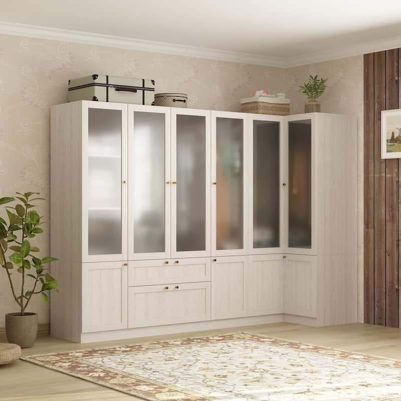 Modular Modern Glass Door Wardrobe:Storage Closet Solution Armoire - 98.4x70.9Inch(Corner)