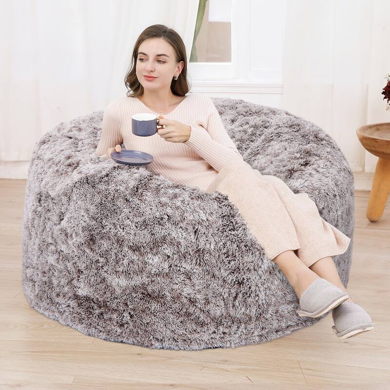 Fluffy Bean Bag Covers Only, Soft PV Velvet Bean Bag Chair Cover for Living Room Bedroom, No Filling - Brown/White - Large