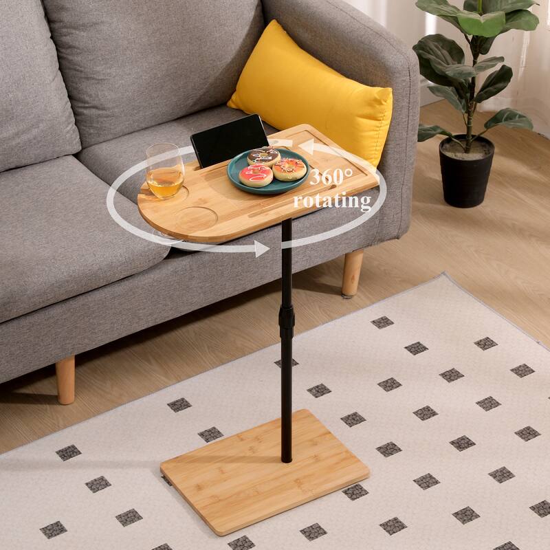 Couch Tray Table Bamboo Height Adjustable Side Table for Sofa C-shaped Oval End Tables