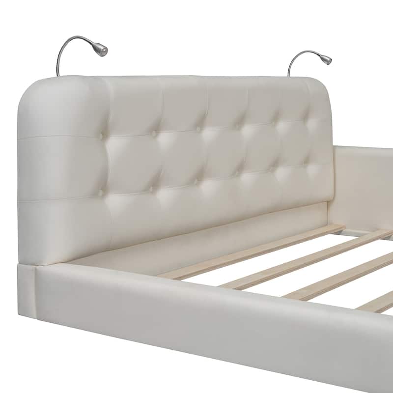 Queen Size Upholstered Platform Bed with 2 Reading Lights, Premium PU Leather Floor Bed Frame with Wooden Slats Support