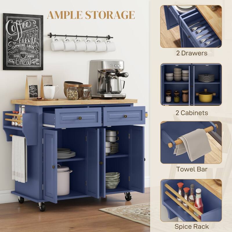 HOMCOM Kitchen Island on Wheels, Rolling Cart with Rubberwood Top, Spice Rack