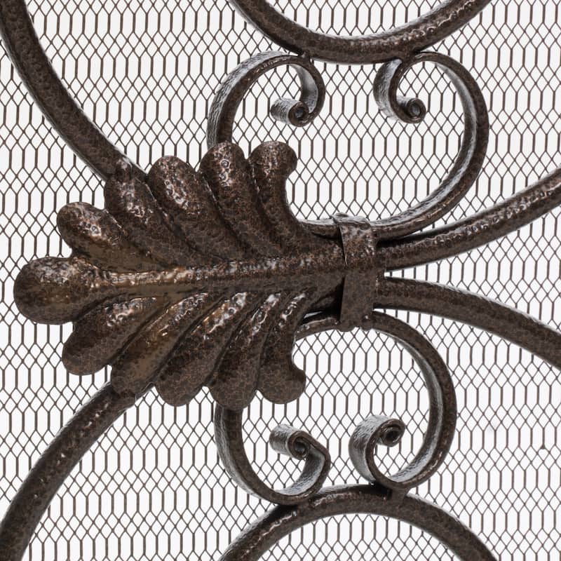 Roomfitters Iron Fireplace Screen, Ornate Scrollwork Spark Guard, Decorative Mesh Metal Fireguard for Hearth Safety, Brown