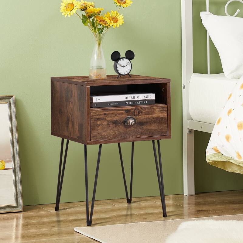 VECELO Mid Century Modern Nightstand with Drawer Open Shelf V-Shaped Metal Legs End Table for Bedroom Living Room