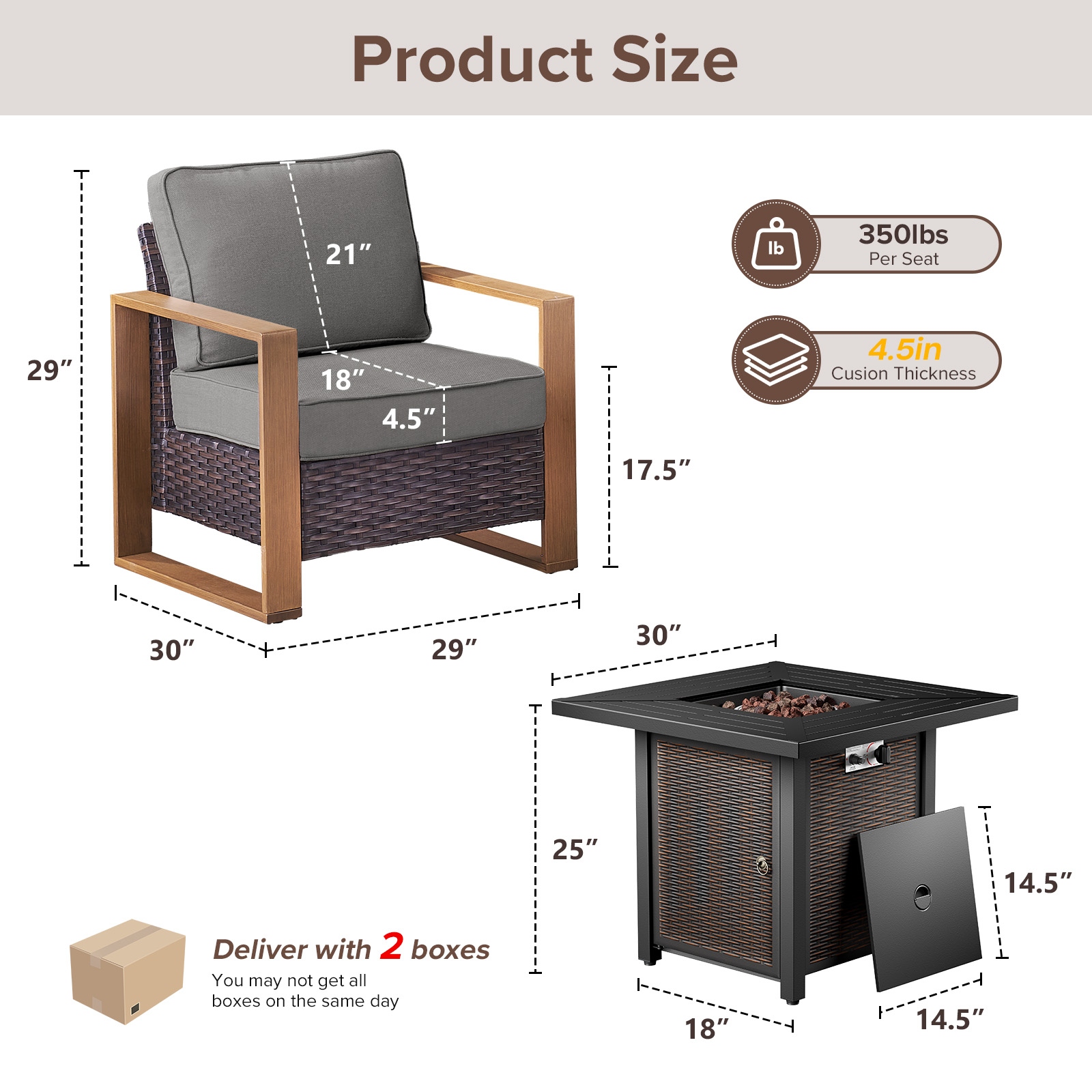 Meyreso 3-Piece Wicker Patio Conversation Set with Metal Fire Pit & Plush 4.5" Olefin Cushions