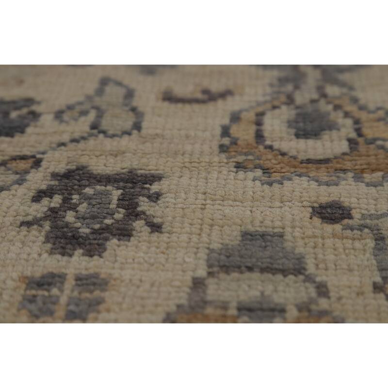 Vegetable Dye Beige Oushak Turkish Runner Rug Hand-Knotted Wool Carpet - 3'2" x 11'10"