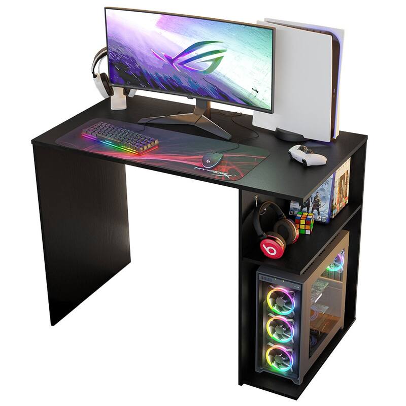 Madesa Gaming Computer Desk with 2 Shelves, Cable Management and Large Monitor Stand, Wood, 21" D x 39" W x 30" H - White