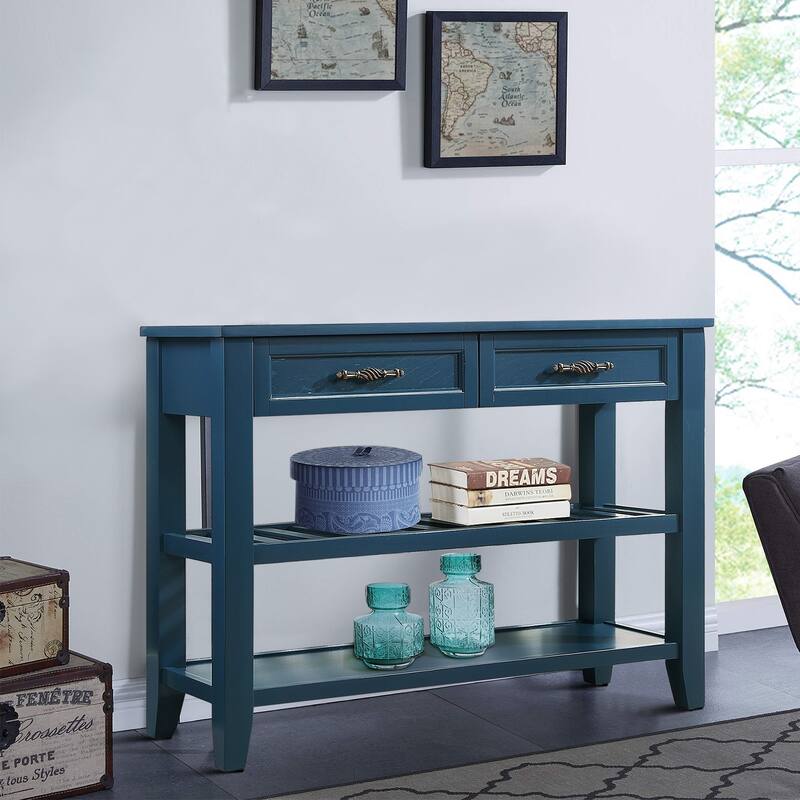 Vintage French Style Console Table with 2 Drawers and 2 Bottom Shelves - Navy Blue