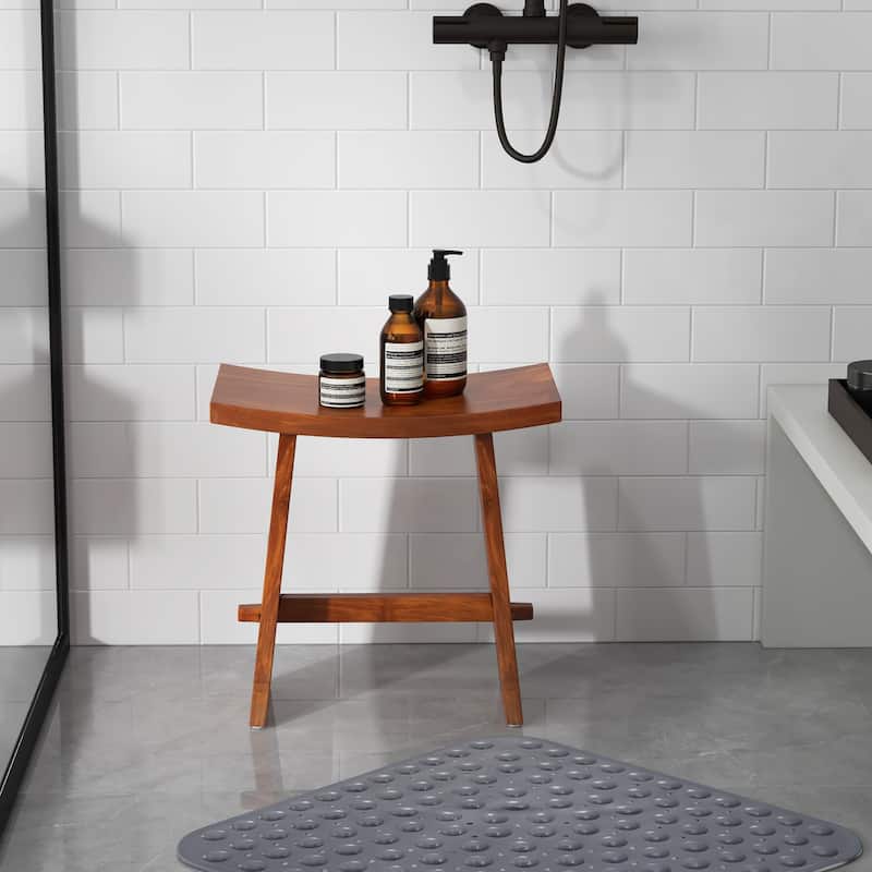 Gymax 20 Inch Teak Wood Shower Bench w/ Curved Seat for Inside Shower
