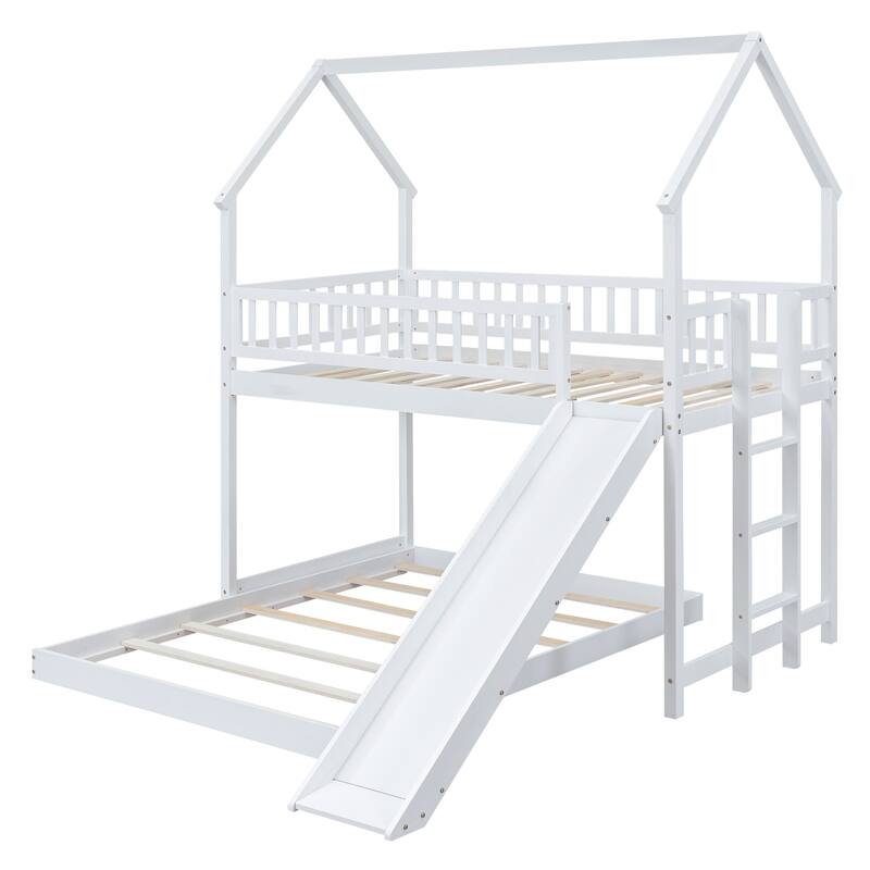 Twin over Full Bunk Bed with Slide, Built-in Ladder, and Full-Length Guardrail, White