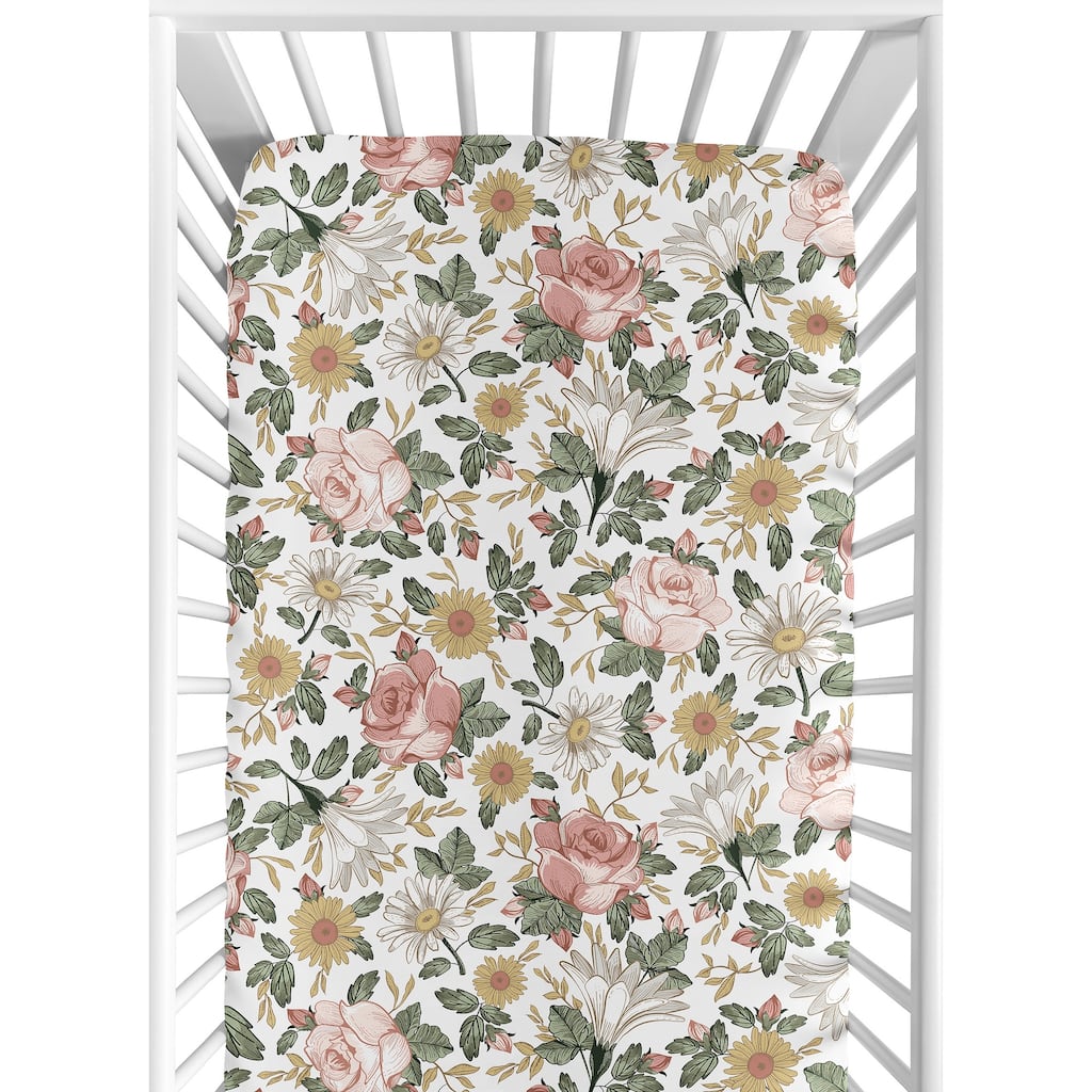 Sweet Jojo Designs Vintage Floral Boho Girl Fitted Crib Sheet - Blush Pink Yellow Green White Shabby Chic Rose Flower Farmhouse