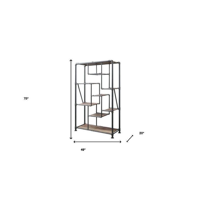 75" Antique Oak And Gray Metal Eight Tier Industrial Bookcase