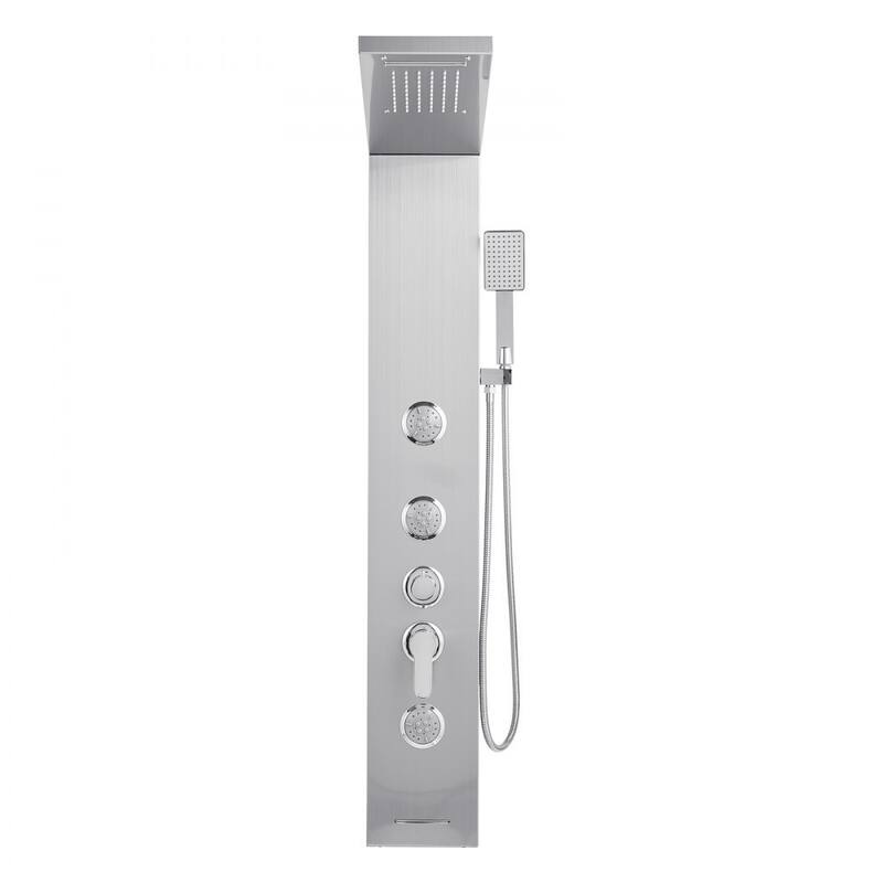 Silver Stainless Steel 5-in-1 Shower Panel Tower System with Rainfall, Waterfall, Jets and Handheld - 53.0x 7.9x 18.1 inch