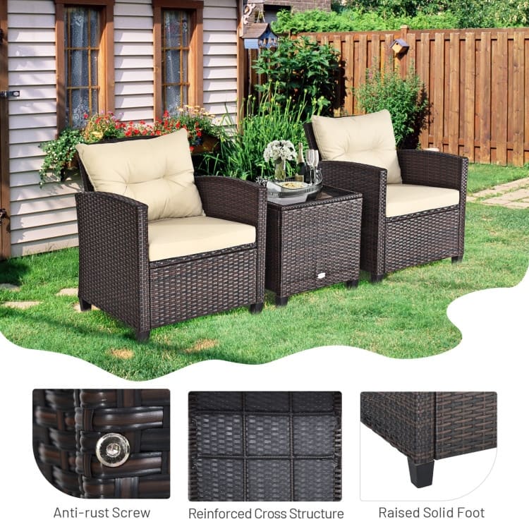 3 Pieces Rattan Patio Furniture Set with Washable Cushion - Chair: 26.5" x 26.5" x 30"