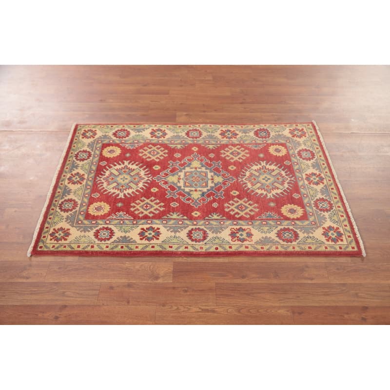 Geometric Red Kazak Oriental Foyer Rug Hand-Knotted Wool Carpet - 2'7" x 4'1"
