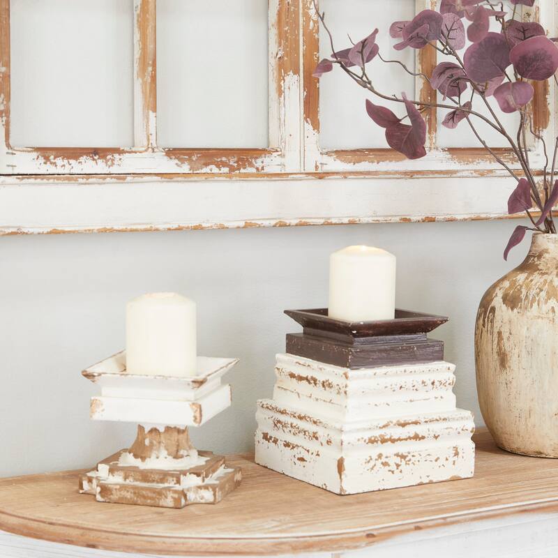 Wood Candle Holder - Set of 2 White - Roche River Decor - 7"W x 7"L x 7"H