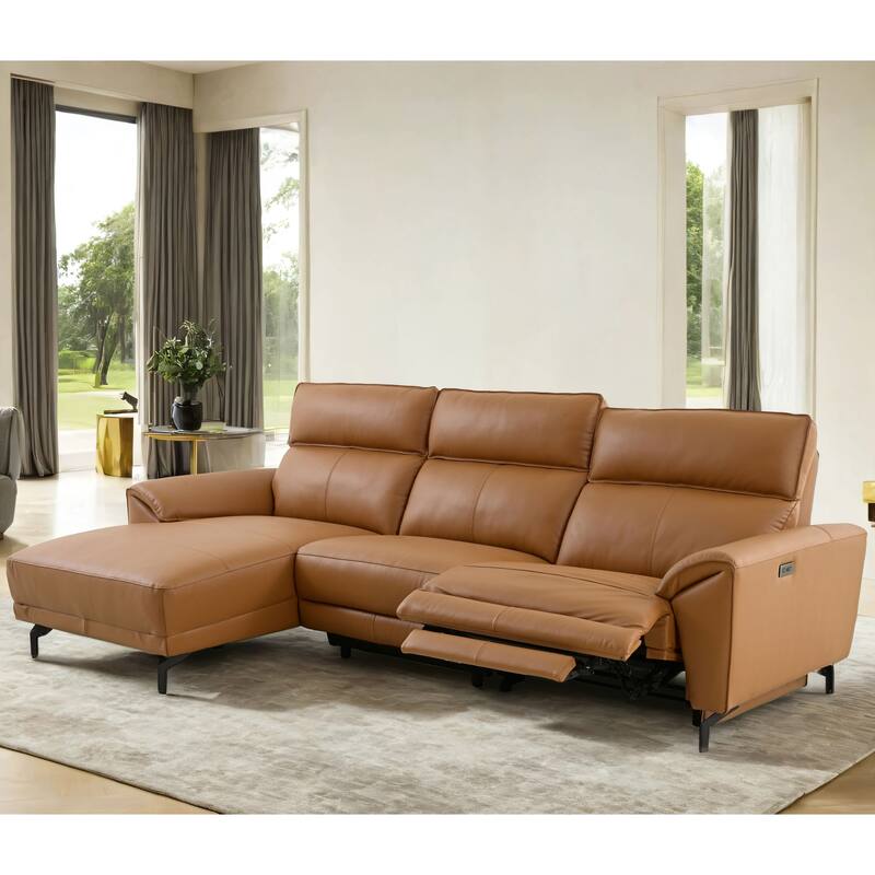 Furniture of America Fynae Modern Leather L-Shaped Sectional Recliner with Chaise and USB Ports - Brown Clay - Left Facing