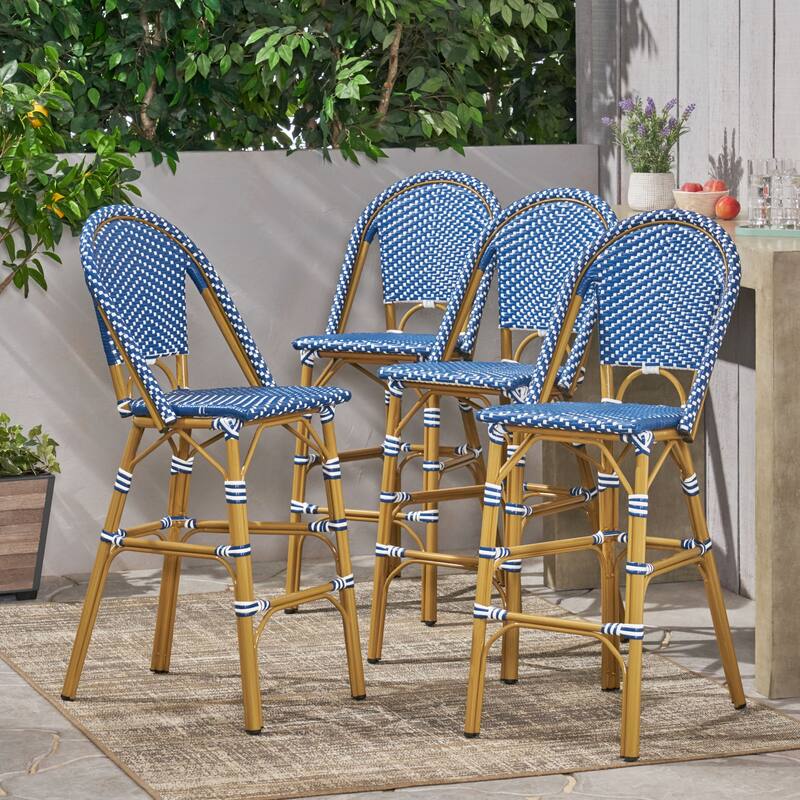 Kinner Outdoor Aluminum French Barstools (Set of 4) by Christopher Knight Home - 18.00" L x 23.75" W x 46.00" H - Dark Teal + White + Bamboo Print Finish