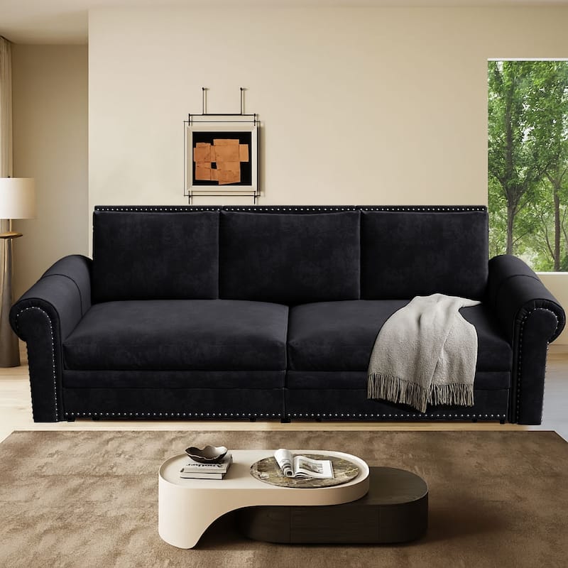 Classic Elegant Convertible Upholstered Sofa Sleeper Sofa with Pull Out Bed - Black Velvet