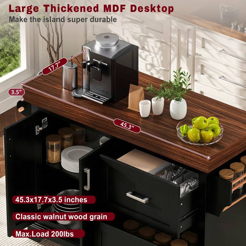 53" Large Kitchen Island with 3.5" Thick Desktop, Spice and Towel Racks, Kitchen Island with Storage on 5 Wheels, 2 Drawers