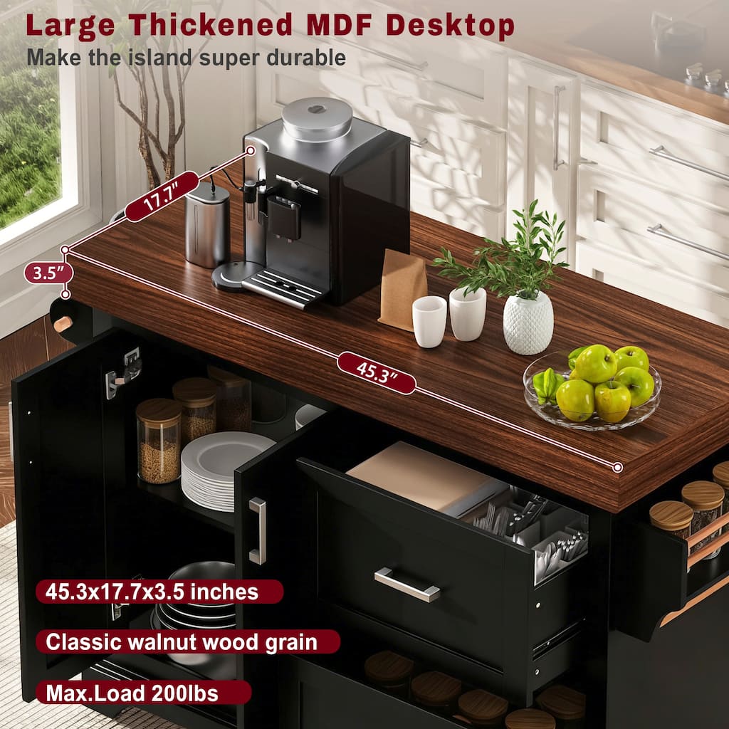 Rolling Kitchen Island with Adjustable Shelf & Spice Rack, Mobile Kitchen Cart Expandable Kitchen Island on Wheels