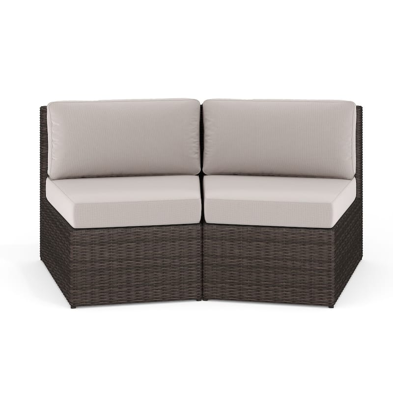 Martha Stewart 2PK Outdoor Modular Rattan Wicker Patio Curved Sectional Sofa Seats - 33"W x 31"D x 30"H - Tan Cushions/Brown Frame