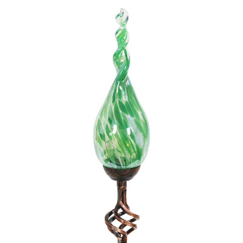 Exhart Solar Pearlized Hand Blown Glass Twisted Flame Garden Stake with Metal Finial Detail, 36 Inch
