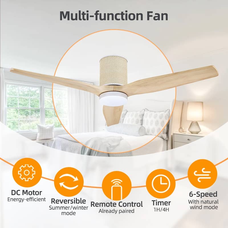 MLiAN 52 In. 3 Solid Wood Blades Flush Mount Ceiling Fan with Light Kit - 52"