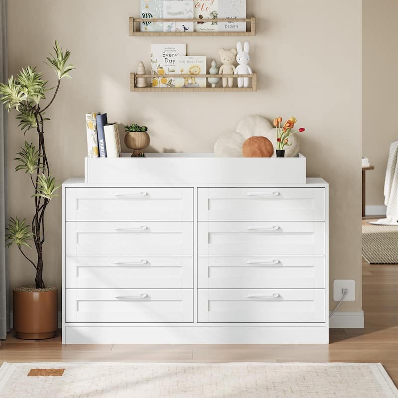Baby Changing Dresser with 8 Drawers - Wooden Nursery Changing Table Station with Open Shelf