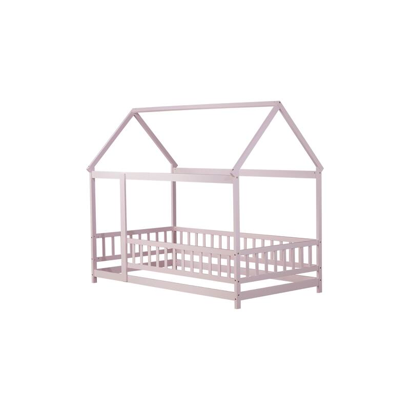 Wood Toddler House Bed with Roof Frame and Safety Guardrails Montessori Floor Bed without Slats No Door Houseshaped Platform Bed