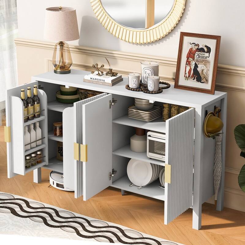 Modern 57.5" Fluted Door 4-Door Sideboard with Side Hooks and Adjustable Shelves