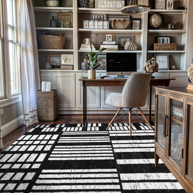Black Ivory Geometric Blocks Stylish and Durable Area Rug