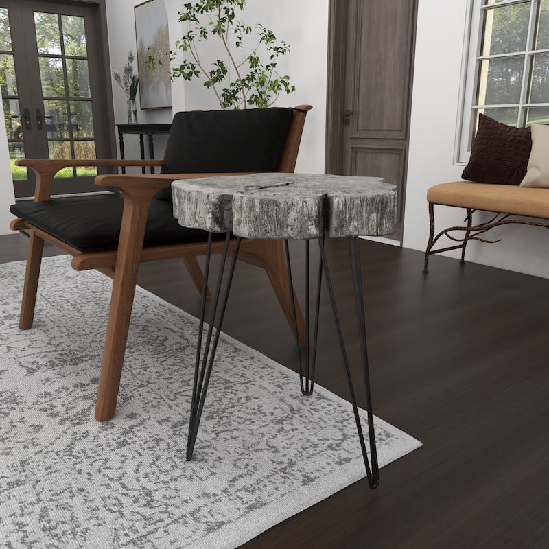 Polystone Tree Trunk Side End Accent Table with Black Hairpin Legs - Gray, Gold - Roche River Decor