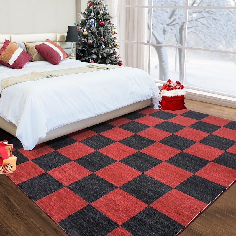 Grid Pattern Washable Christmas Area Rug Indoor Floor Cover for Xmas Holiday Decoration, Red+Black - 4*6ft
