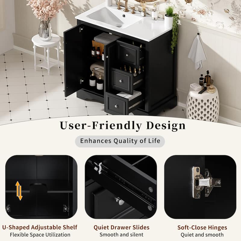 36" transitional bathroom vanity with ceramic sink - features 2 soft-close doors, an adjustable U-shaped shelf, 3 drawers