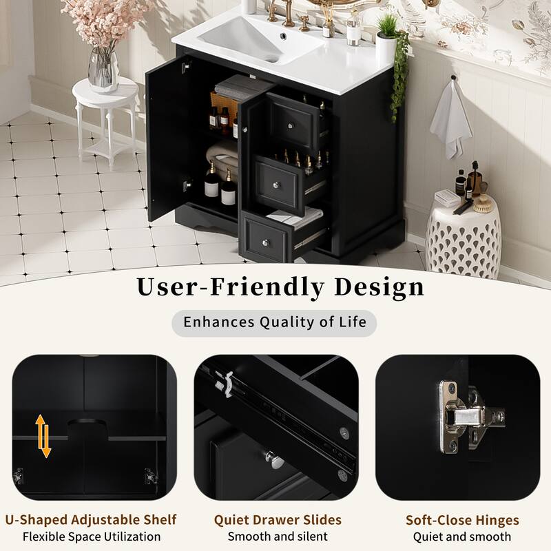 36'' Bathroom Vanity with ceramic sink Bathroom Storage Cabinet with Adjustable U-shaped shelf and 3 drawers