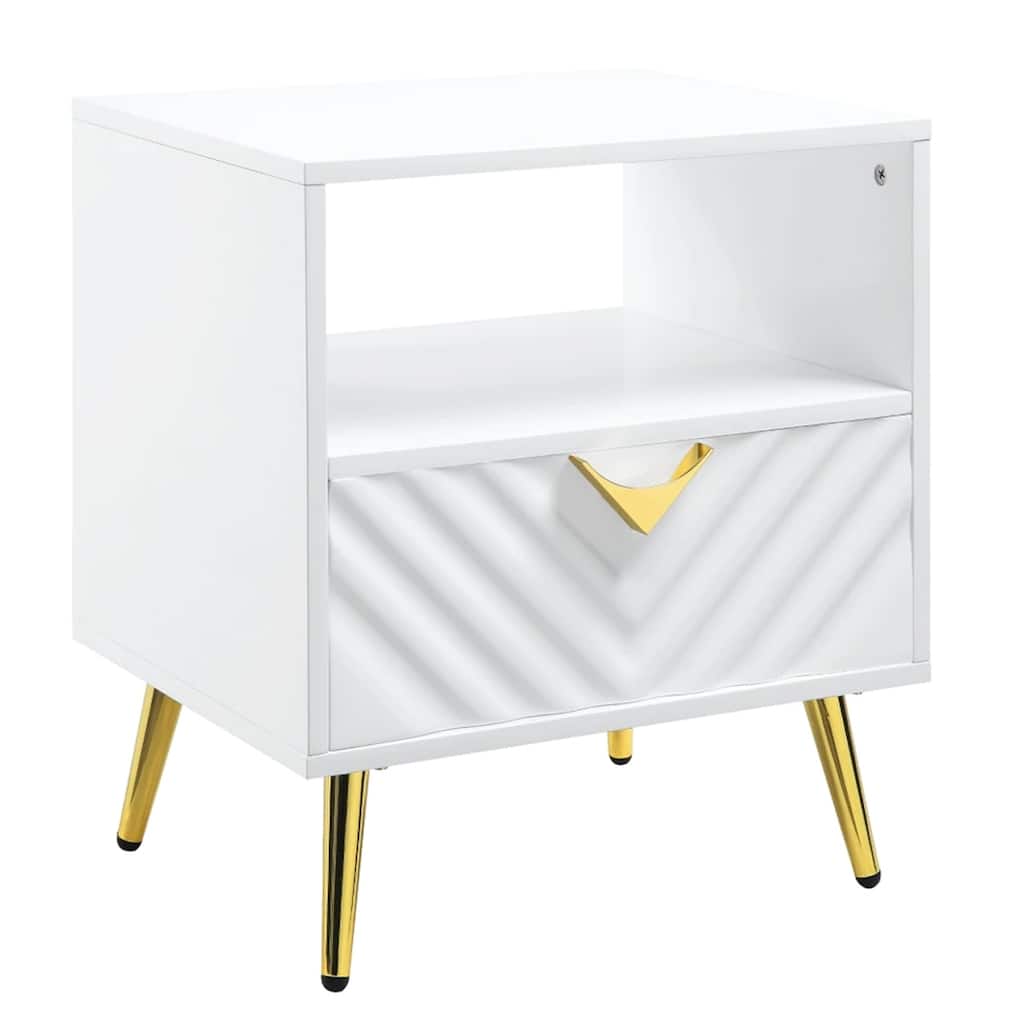 Tyra 22 Inch Wood End Table with Open Space, Wave Pattern, White, Gold