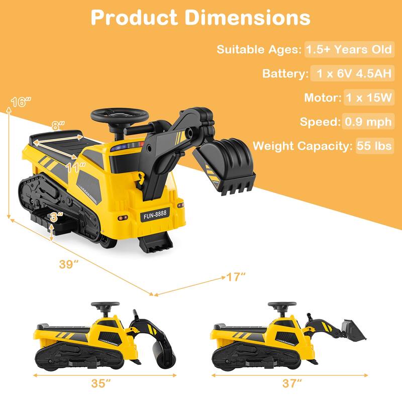 Gymax 3 in 1 Excavator Ride on Toy w/ Horn Story-Telling for Toddlers