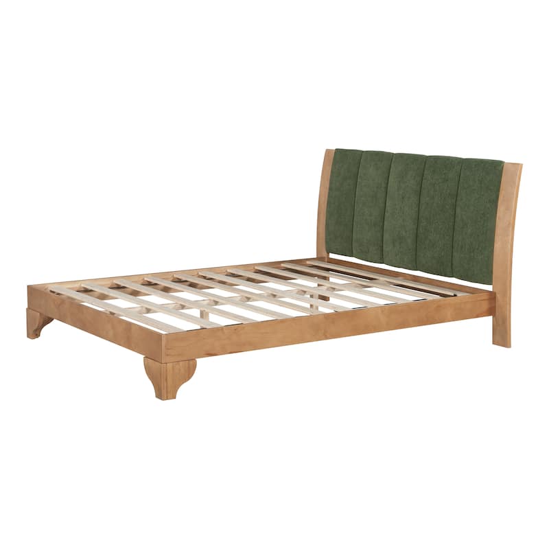 Mid-Century Modern Wood Platform Bed Frame with Upholstered Headboard, Wood Slat Support, No Box Spring Needed, Easy Assembly