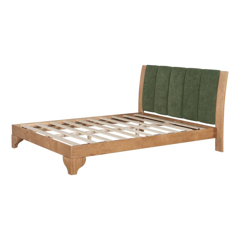 Pine Wood Bed Frame Mid Century Modern Platform Bed with Green Upholstered Headboard, Wood Slat Support Low Profile Wingback Bed