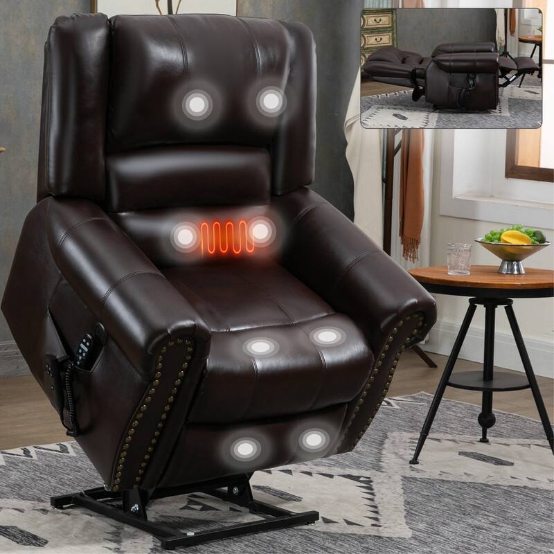 Power Lift Recliner Chair with Heat Massage - Dual Motor Heavy Duty, Faux Leather, 350 lbs Capacity - Antique brown