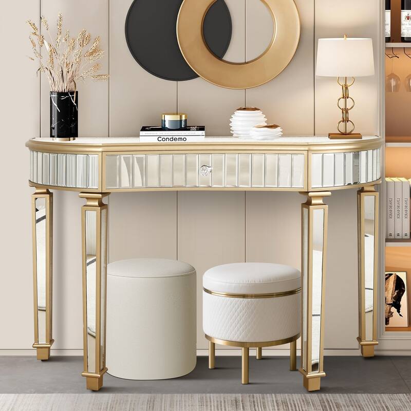 47 inch Half Moon Mirrored Console Table Fluted Glass Crystal Knob Drawer Silver Gold - Golden,Silver