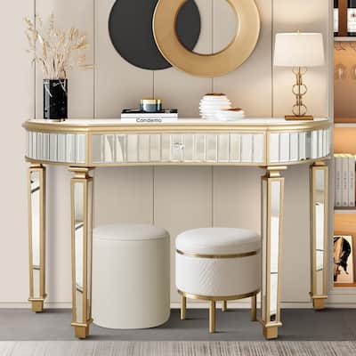 47 inch Half Moon Mirrored Console Table Fluted Glass Crystal Knob Drawer Silver Gold