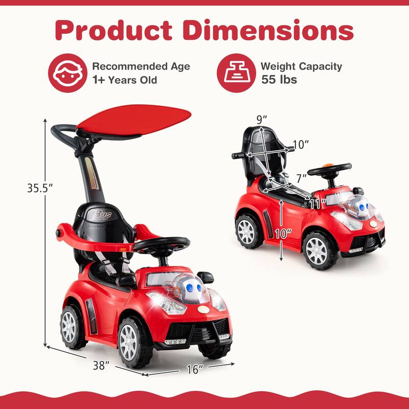 Gymax 3-in-1 Sliding Walker w/ Adjustable Canopy Horn Music & Light