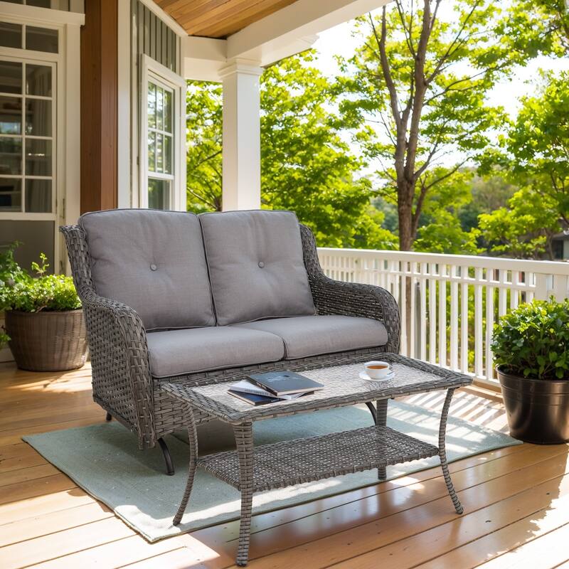 Outdoor Patio Loveseat with Table Grey Wicker - Grey cushion - Grey - Grey